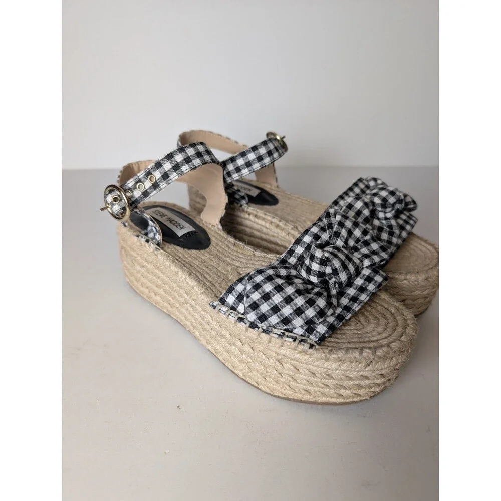 Steve Madden Union Espadrilles Shoes Gingham Bow Black White Size 8M Summer